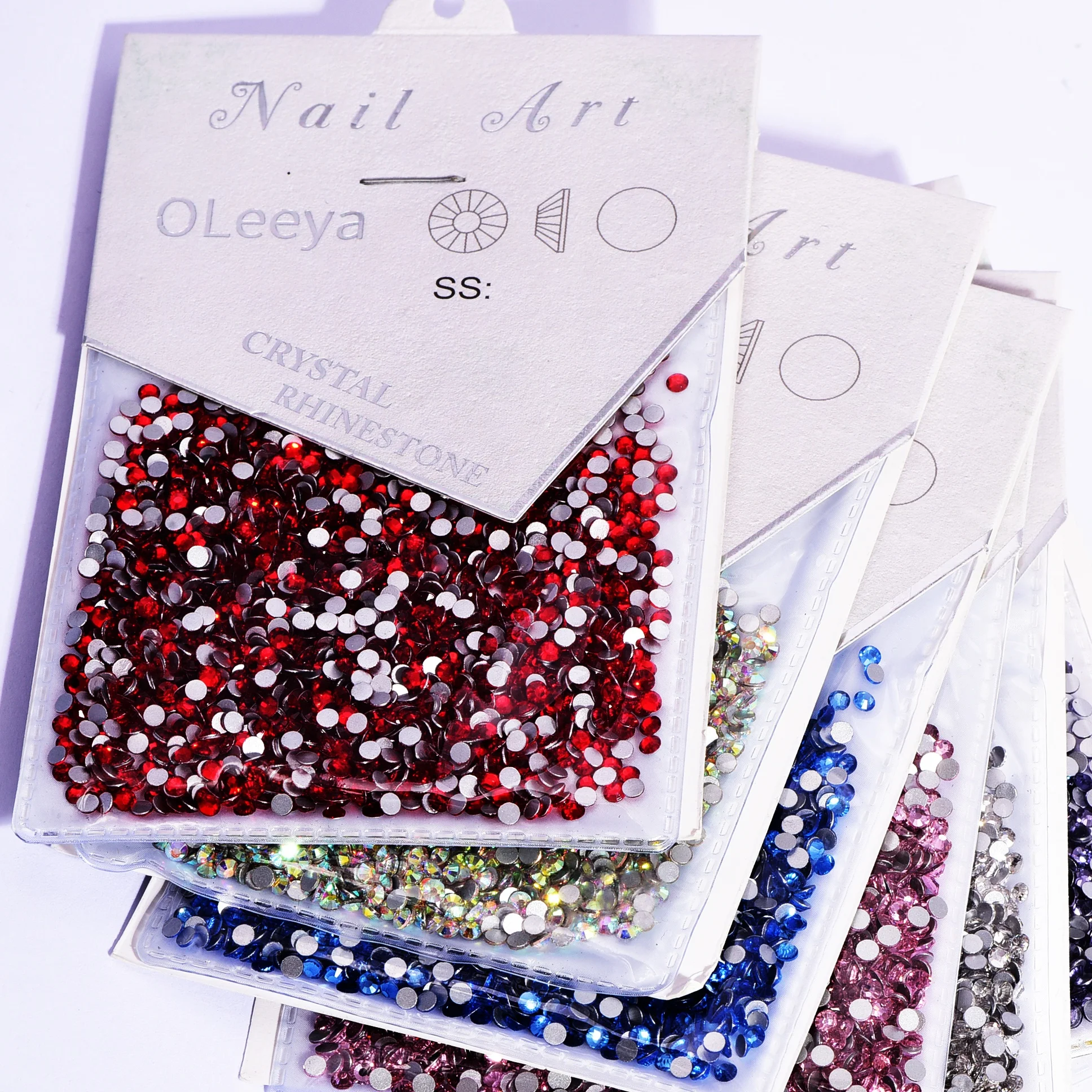 

Oleeya Hot Sale SS3-SS50 Over 100 Colors Crystal Glass Non Hotfix Flatback Rhinestone With New Package For Nails Art DIY
