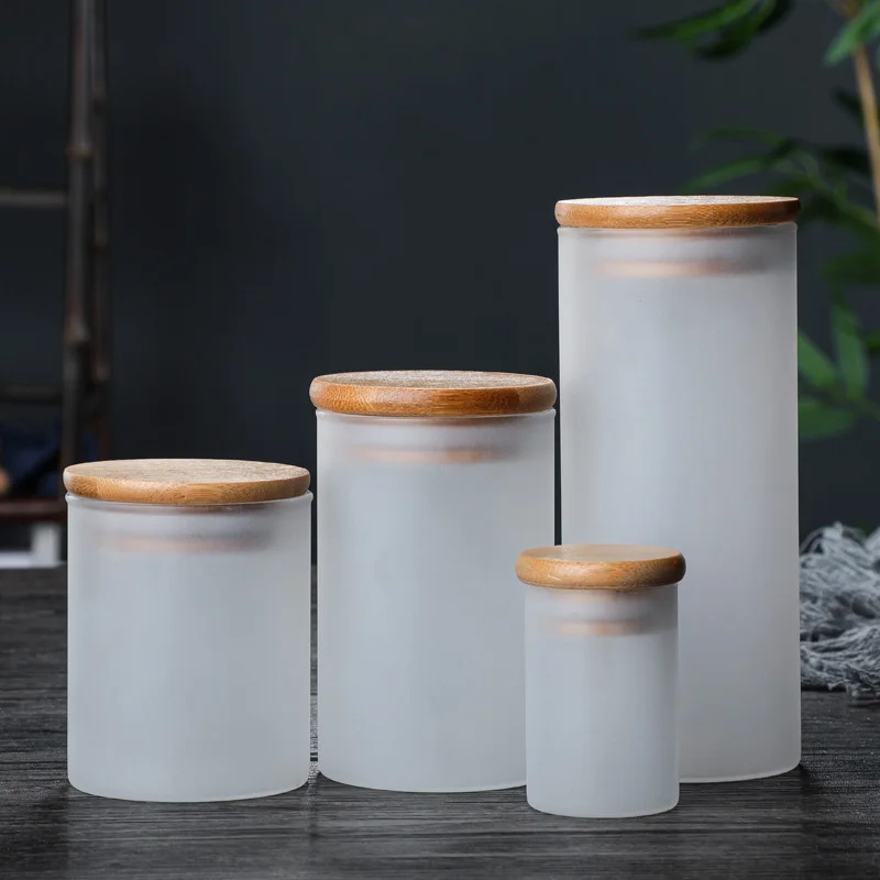 Heat Resistant Frosted Candle Holder Glass Candle Jar With Bamboo Lid