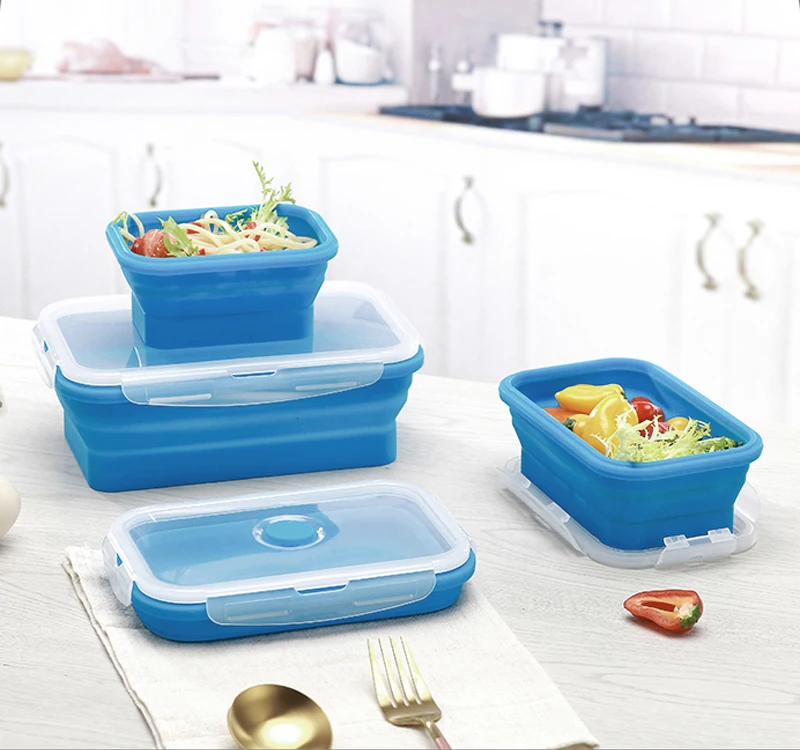 

Collapsible Silicone Folding Food Storage Containers 4 Pack Lunch Bento Box BPA Free for Camping, Hiking, Customized color