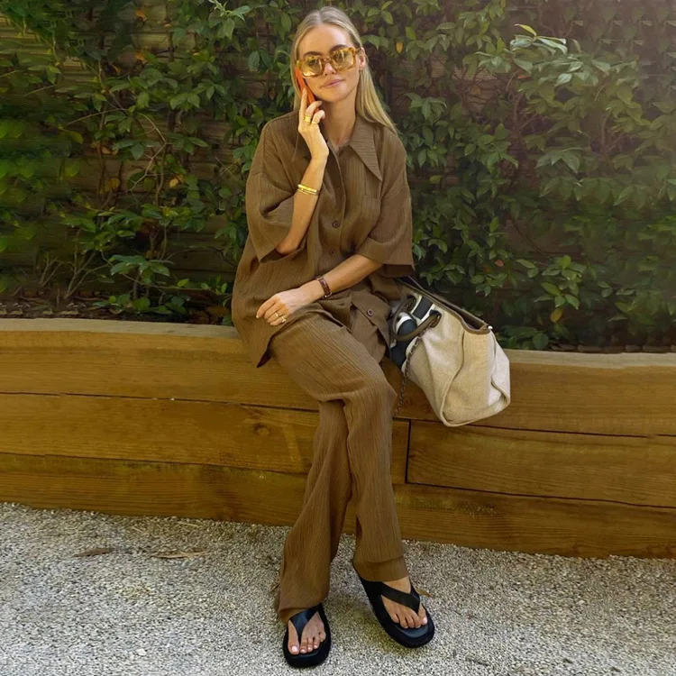 

French Vintage Loose Brown Short Sleeve Blouses Shirts 2 Set Women Clothing Lounge Wear Two Piece Pants Set
