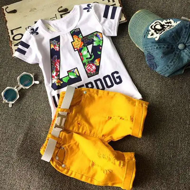 

New Design Printing Letter T Shirt And Short Pants Tw-piece Set Kids Baby Boys Clothes