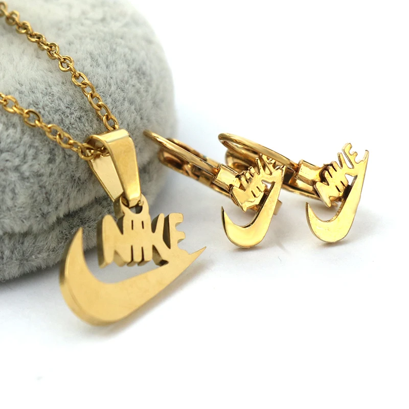 

High Quality Cheap Brand 18K Gold Plated Classic Stainless Steel Pendant Necklace Earrings Jewelry Set For Women