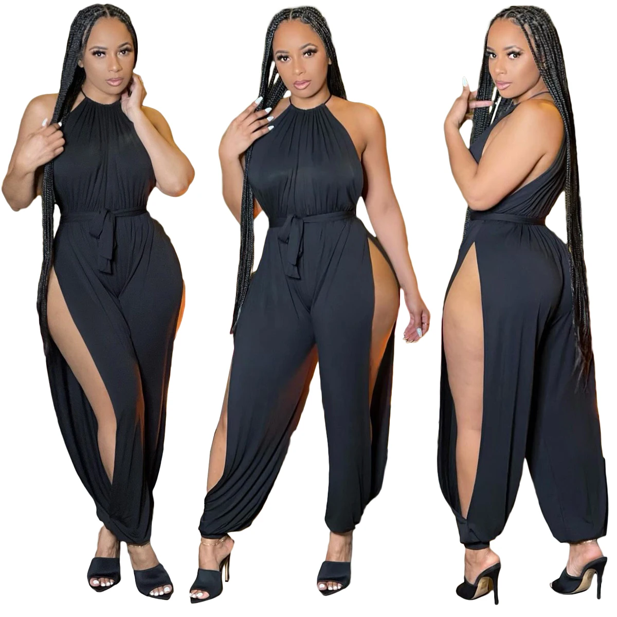 

Women Summer Jumpsuits & Rompers Sexy Split Solid Color Straps Club Sportswear Running Plus Size Sleeveless Bandage Belt Pants