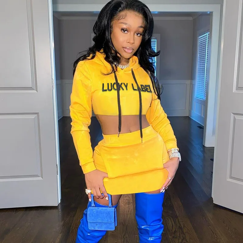 

EB-20022049 2021 spring women clothing Lucky Label Two Piece Women Long Sleeve Hoodie Crop Top And Skirt Set, 2 colors