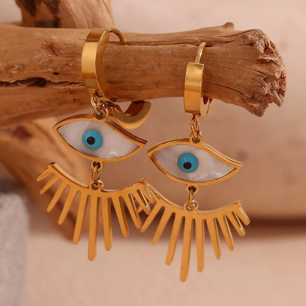 

Evil Eye Dangling Earring Enamel Shell Jewelry Bohemian Earrings Women Gold Plated Stainless Steel Wholesale