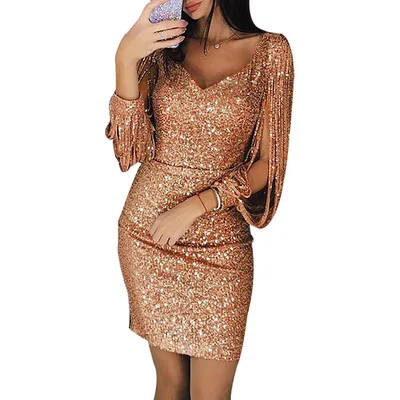 

Women's 2021 New Fashion Chic Sexy Solid Color Sequined Stitching Shining Sheath Long Tassels Sleeves Mini Evening Party Dress