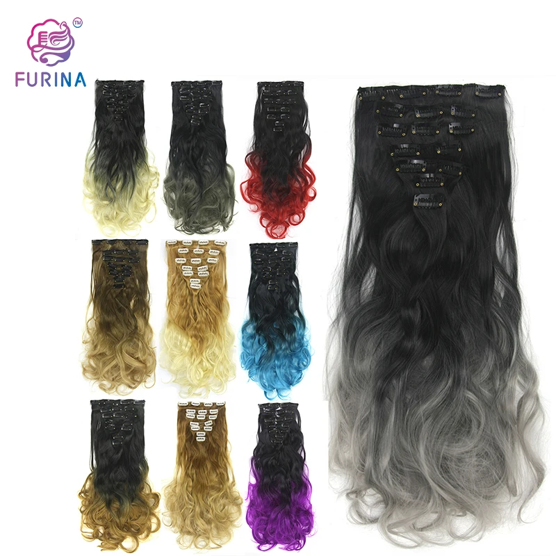 

Latest long wavy weft hair extensions 7pcs synthetic hair clip in hair extension ombre heat resistant fiber weft