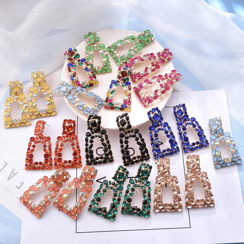 

HOVANCI Statement Jewelry Accessories For Women Wholesale ZA Earrings Colorful Crystals Trapezoid Pendant Dangle Drop Earrings, Many colors