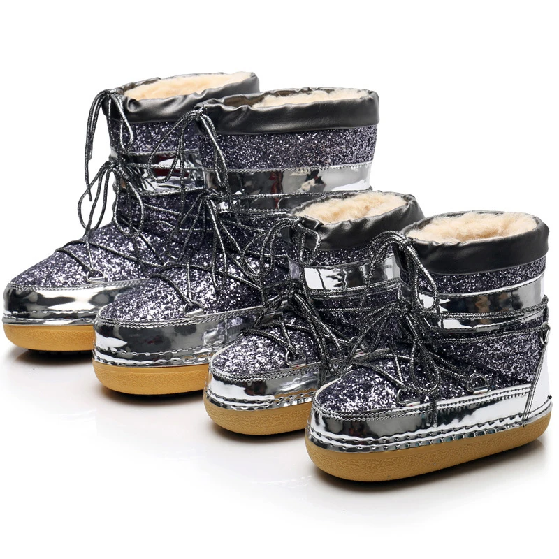 

XZ37 Wholesale Mom And Me Snow Boots Warm Wool Lined Thick Sole Rope Design Ladies Moon Boots, As picture or custom