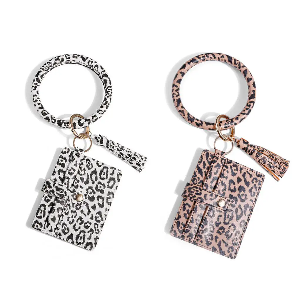 

Tassel Wristlet Bracelet Keychain ID Card Holder Key Ring leopard PU leather Bangle Round Key chain Card Purse