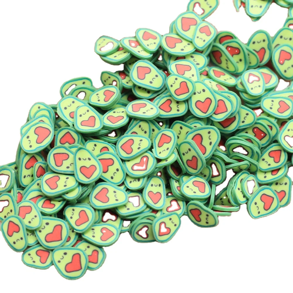 Wholesale Mini 500g/bag Avocado Pink Red Heart Smile Face Slime Embellishments Cute Polymer Soft Clay Stickers Decoration Fruit
