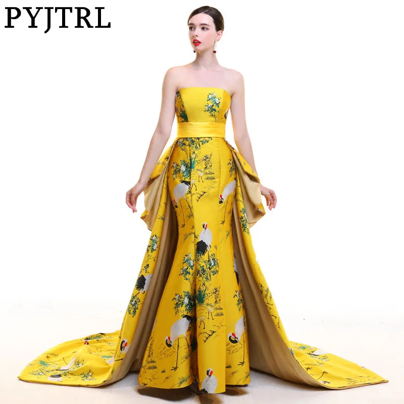 

PYJTRL Luxury Jacquard Women Wedding Dress Lace Up Long Party Tail Dress