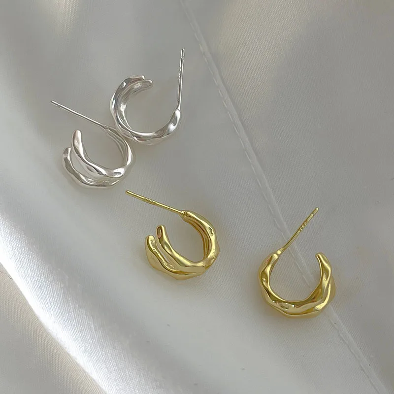 Hammered Double Layer C Shape Stud Earrings for Women 925 Sterling Silver Jewelry Gifts