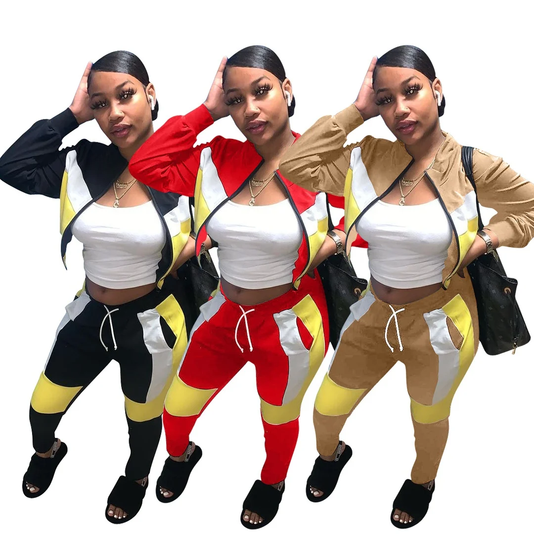 

MT191-6312 Two piece women's fashion and leisure splicing solid color suit womens sweat jogging suit