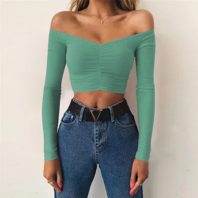 

Women's Deep V Neck Long Sleeve Bandage Crop Top Black Ribbed Off Shoulder Long Sleeve Crop Top