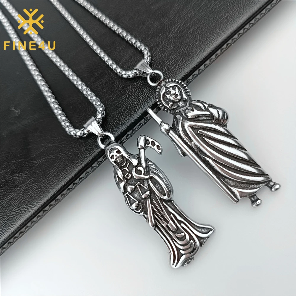 

Men Gothic Jewelry Hip Hop Stainless Steel Grim Reaper Ghost Pendant Holy Death Santa Muerte Necklace