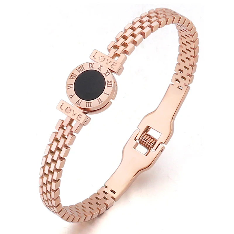 

Korean fashion titanium steel roman numeral bracelet stainless steel hollow round love letter bracelet, Rose gold