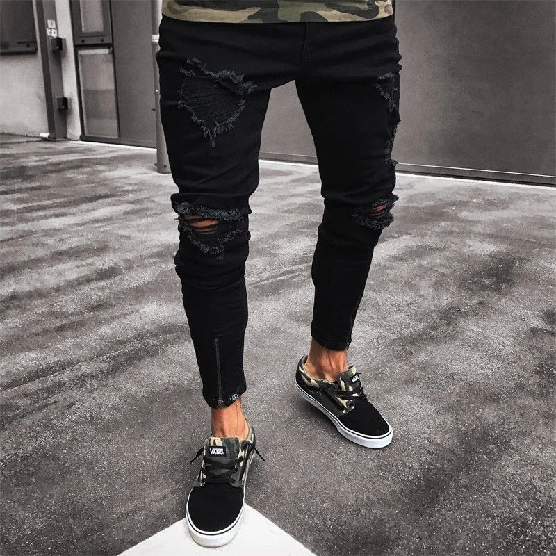 

Men's Vintage Ripped Jeans Skinny Slim Fit Zipper Denim Pant Destroyed Frayed Trousers Gothic Style Pants Thin Y11265