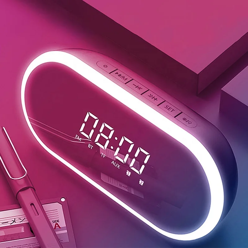 

Factory direct wireless bluetooth speaker LED soft light makeup mirror digital alarm clock FM radio with 3.5mm audio cable