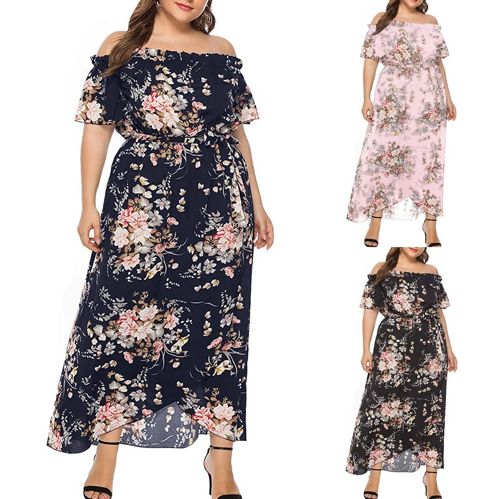 

New Fashion Large Size Floral Printed Chiffon Off Shoulder Casual Plus Sizes Dress Women Kleidung Print Chiffon for Ladies, Picture color