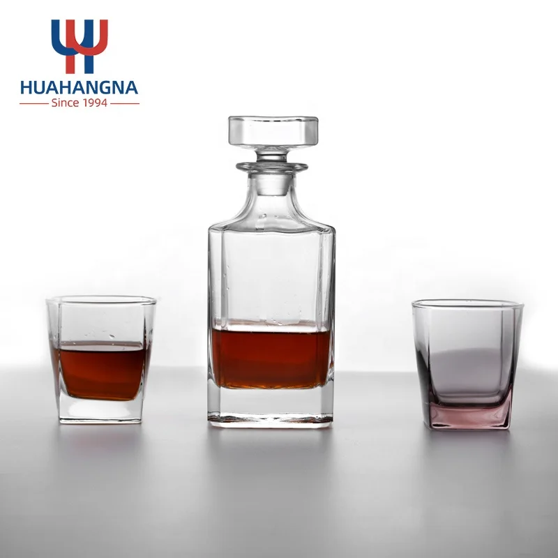 

Wholesale Low MOQ Custom Logo Engraved 750ml Plain Square Whiskey Decanter and 270ml Whisky Glass in Stock, Transparent clear