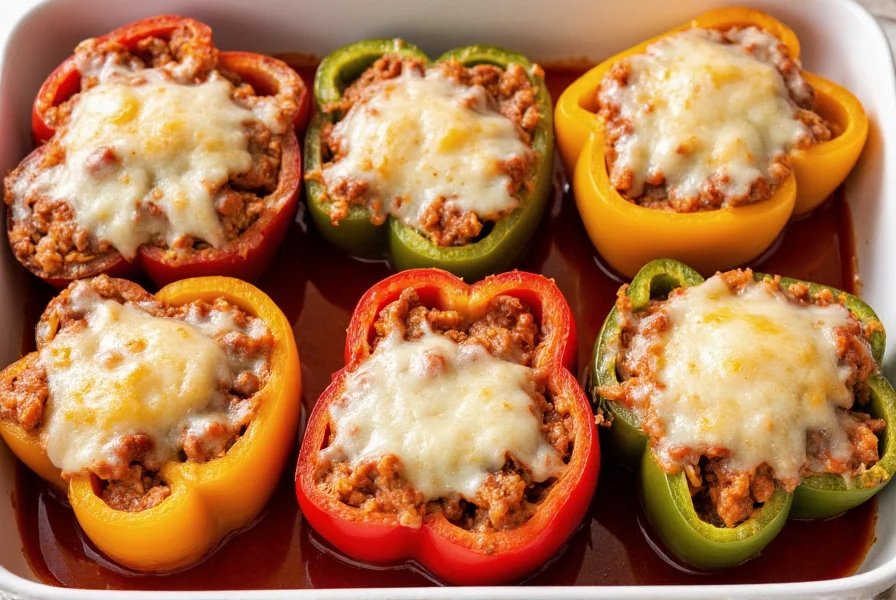 Six perfectly cooked stuffed bell peppers with melted cheese topping arranged in baking dish with tomato sauce