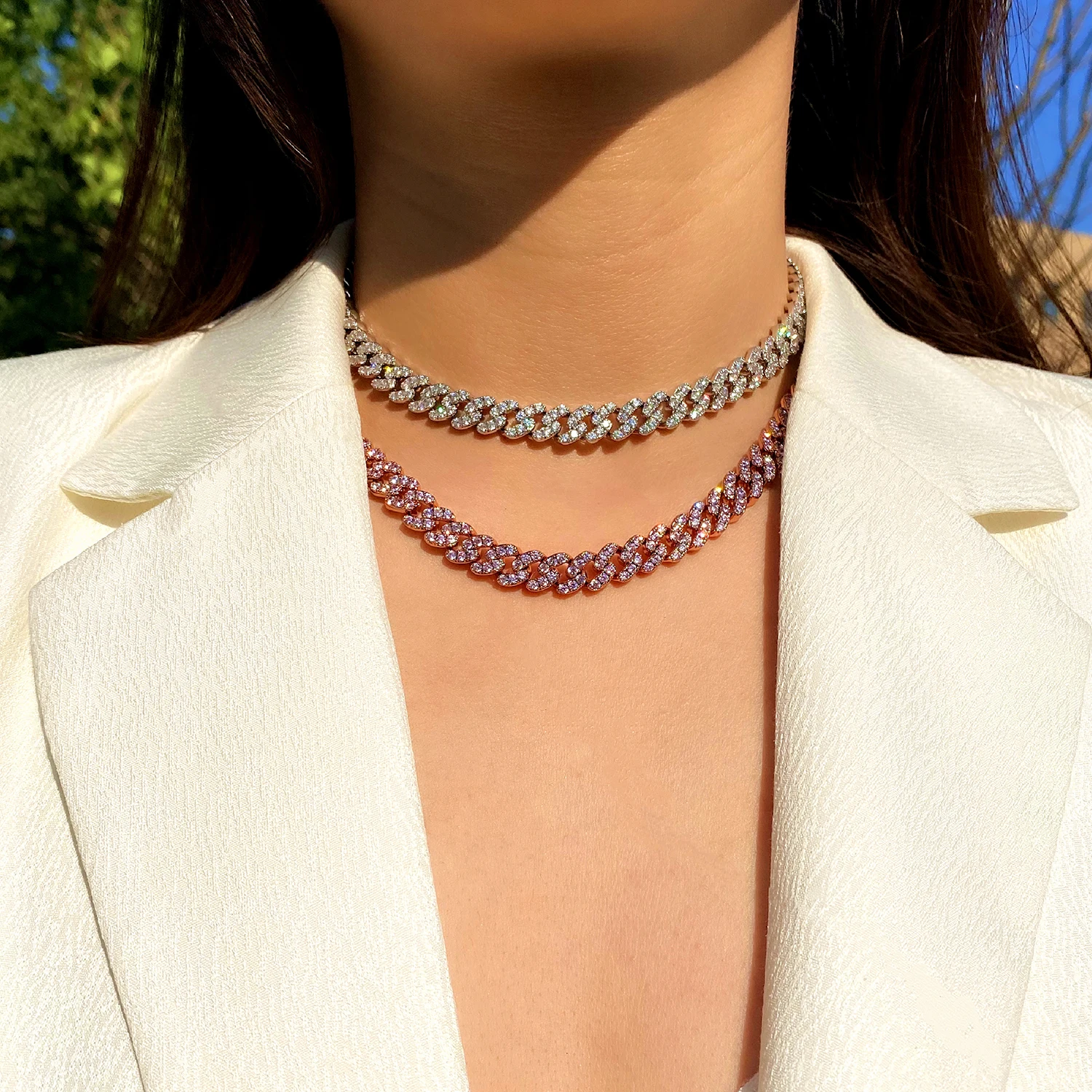 

8mm Bling Ice Out Full CZ Stones Silver gold pink Cuban Link Chain Hip Hop Jewelry Necklaces for Women cz choker necklace, Gold, silver, rose gold, bi-color