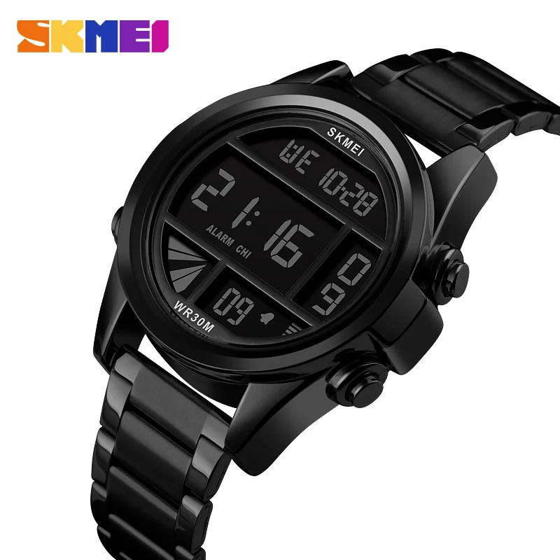 

SKMEI 1448 fashion black gents digital watch high quality Stainless steel band Waterproof Chrono Concise outdoor wrist watch