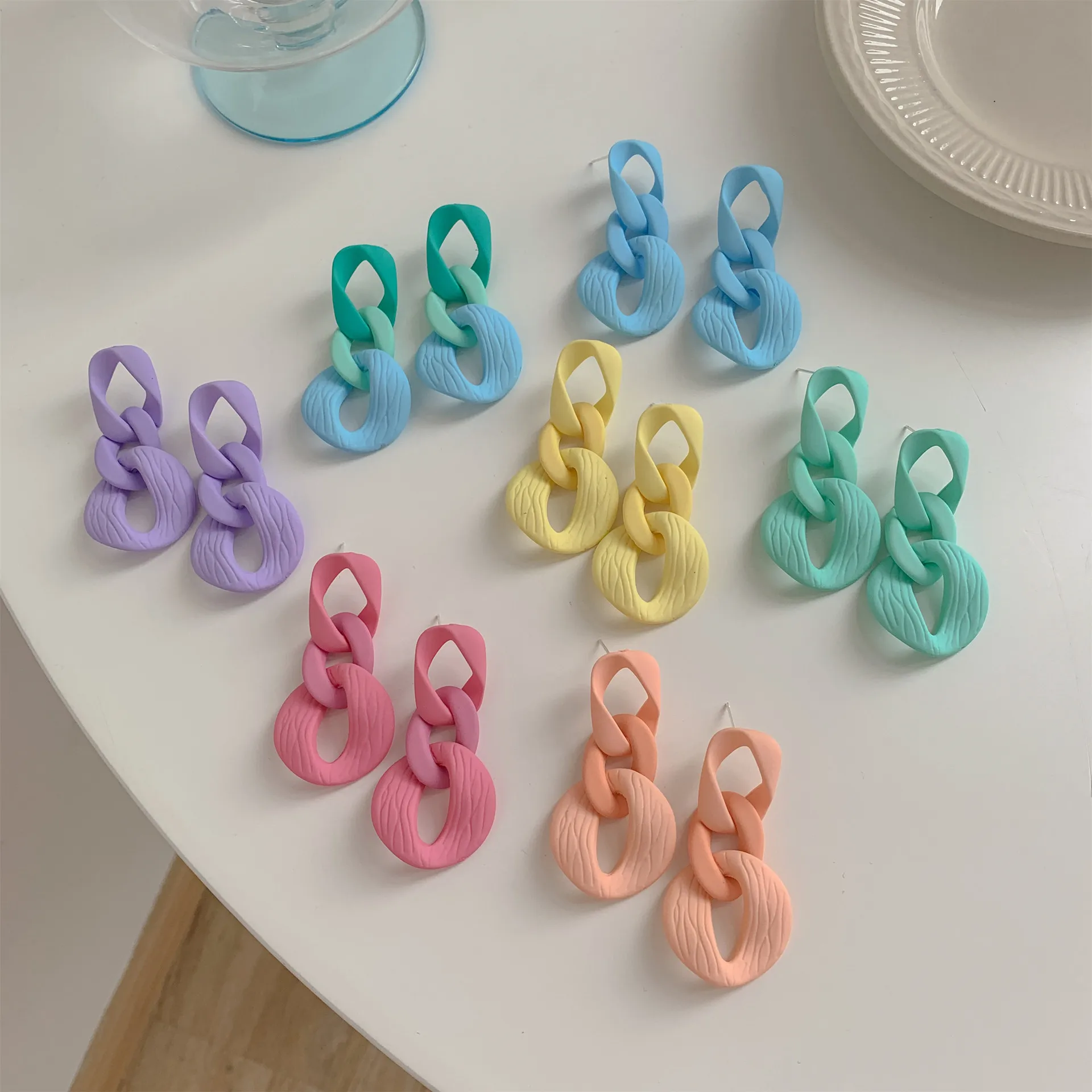 

All Match Matte Multi Color Acrylic Chain Link Dangling Earring For Women Female