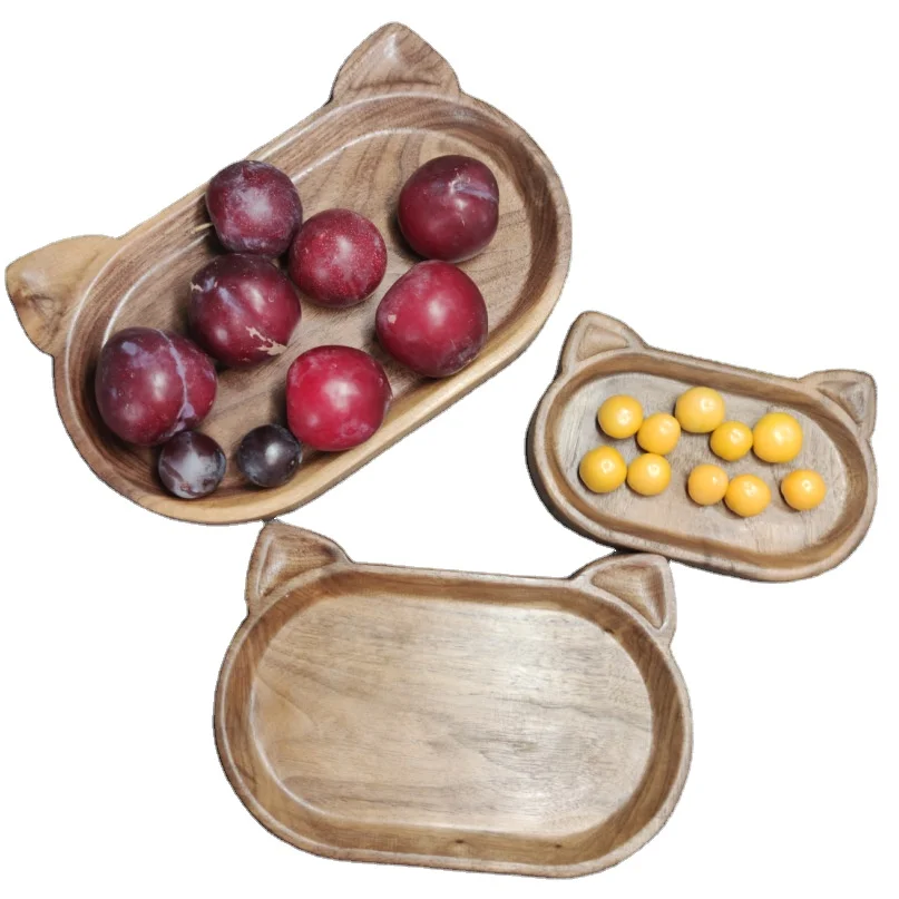 

Black walnut solid wood dinner plate fruit plate wooden cartoon cat tray dry fruit plate, Wood color
