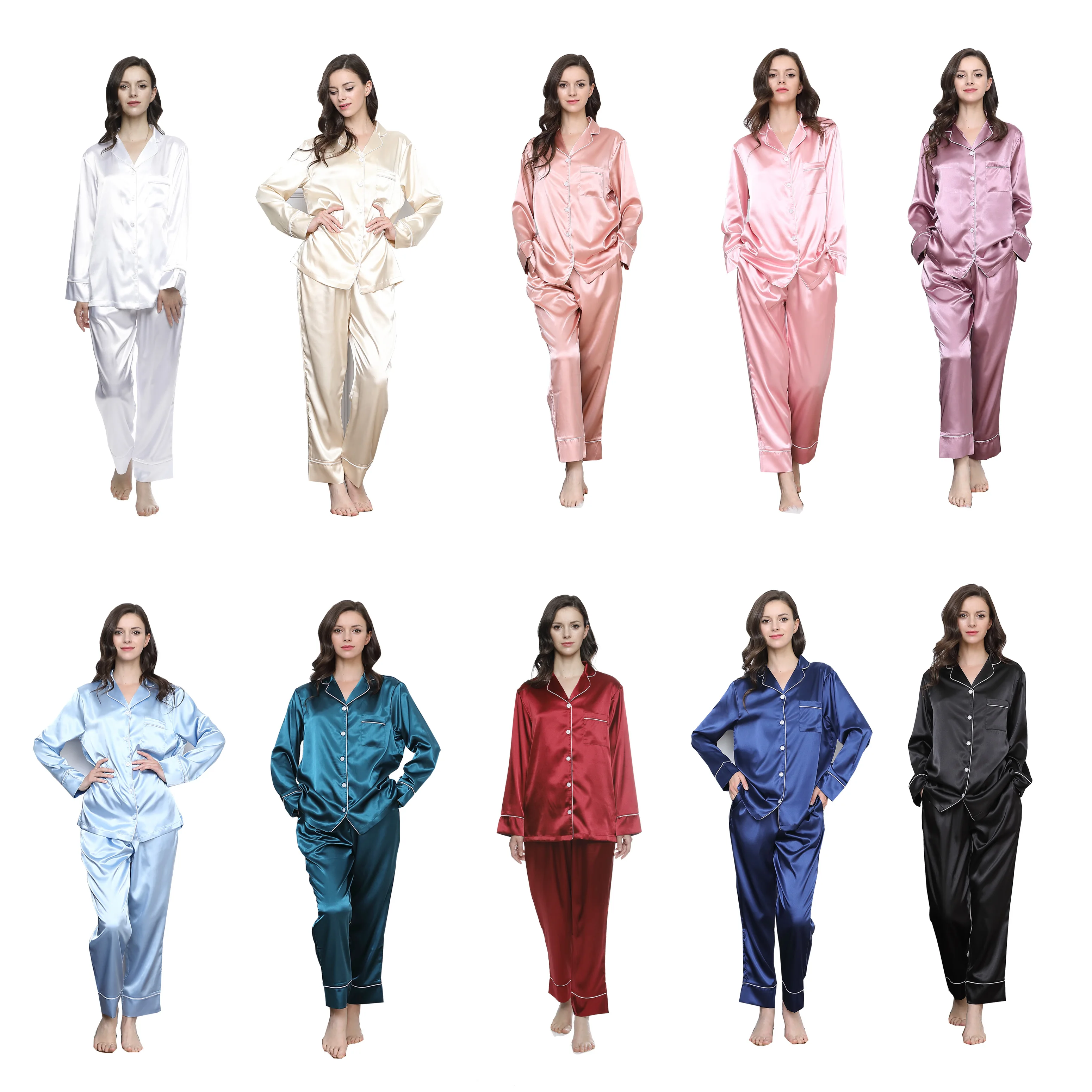 

Long Sleeve Silk Satin Pajamas Sleepwear For Women