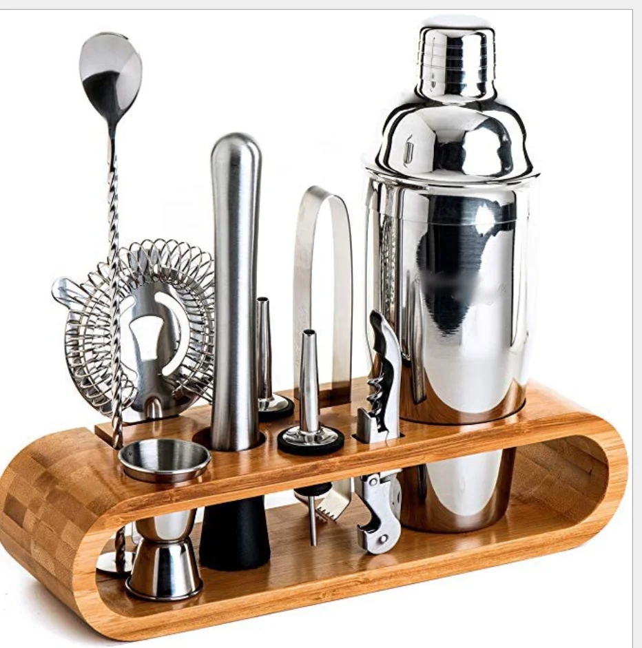 

Chinese manufacturer cocktail shaker set wine accessory gift set cocktail gift set with stand, Metal silver color