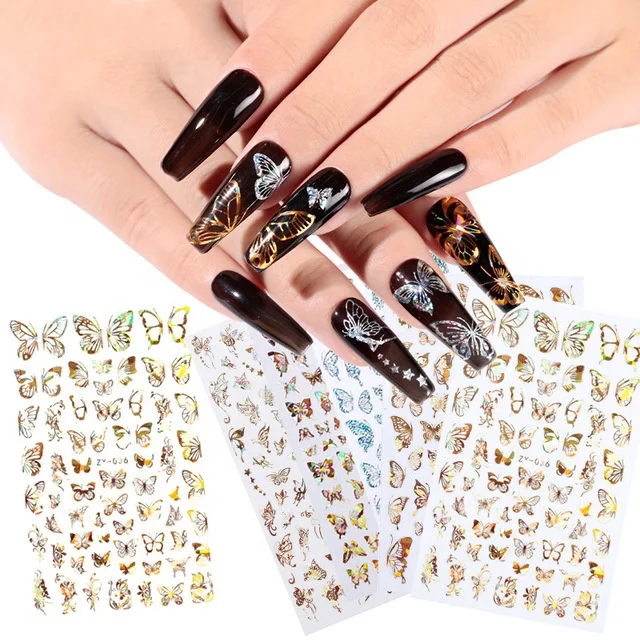 

Paso Sico Nail Angel Nail Art Adhesive Sticker Sheets Different Laser Gold Silver Color Butterfly Shape Nail Art Decoration