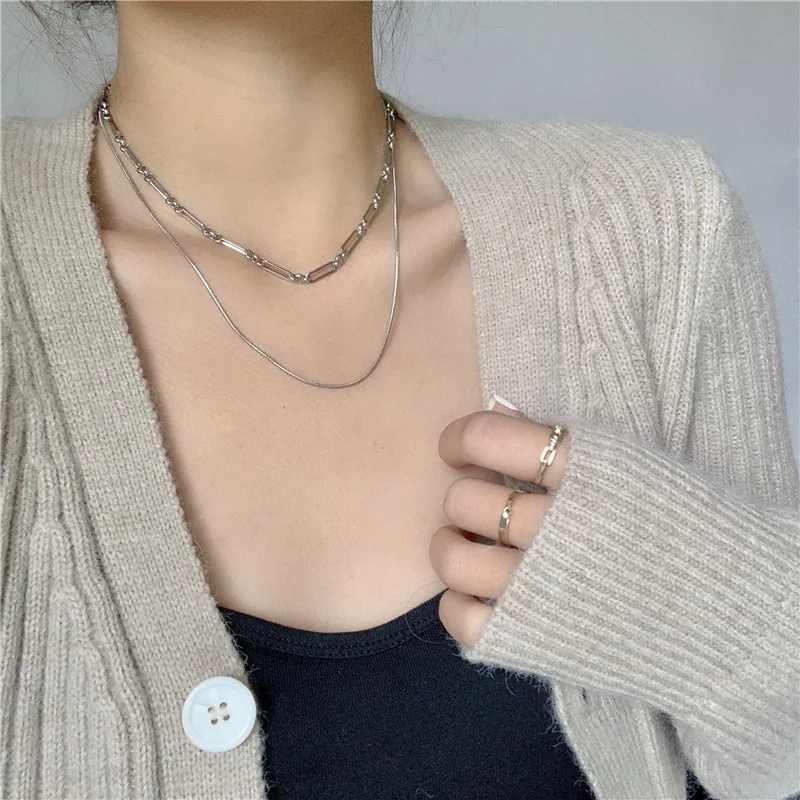 

DANYUAN silver rock double layer stackable hiphop necklace sweater chain accessories unisex women men layer necklace, Picture