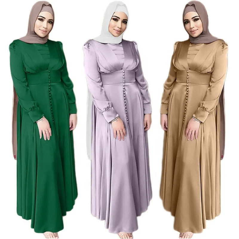 

2021 Hot sale women Muslim dress elegant satin beaded long sleeve dresses Ramadan party abaya, Black, khaki, navy, green, light purple