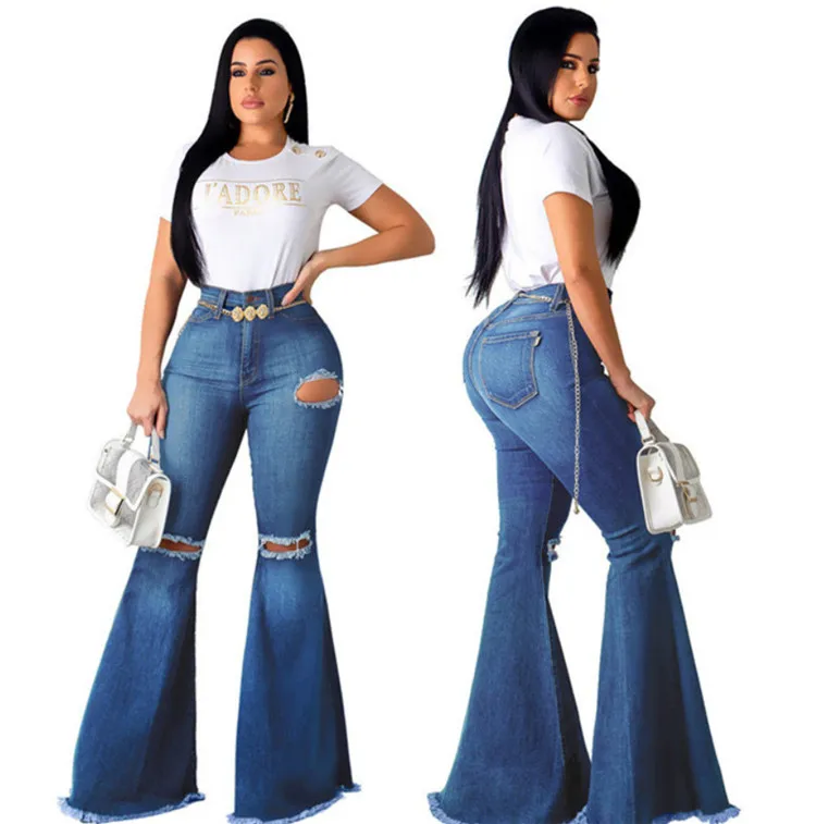 

Autumn New Retro high waist Women Jeans Ripped Knee Detail Blue Flared Ladies Jeans Pants, As picture