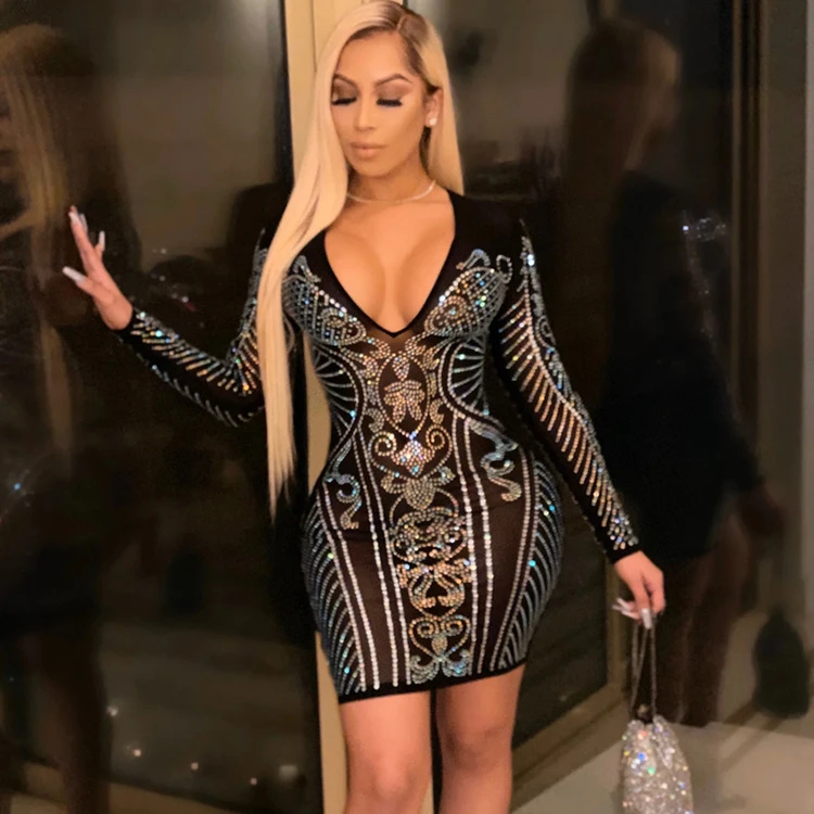 

Deep v Neck Rhinestones Mesh Long Sleeve Sexy Dresses For Night Club, Black