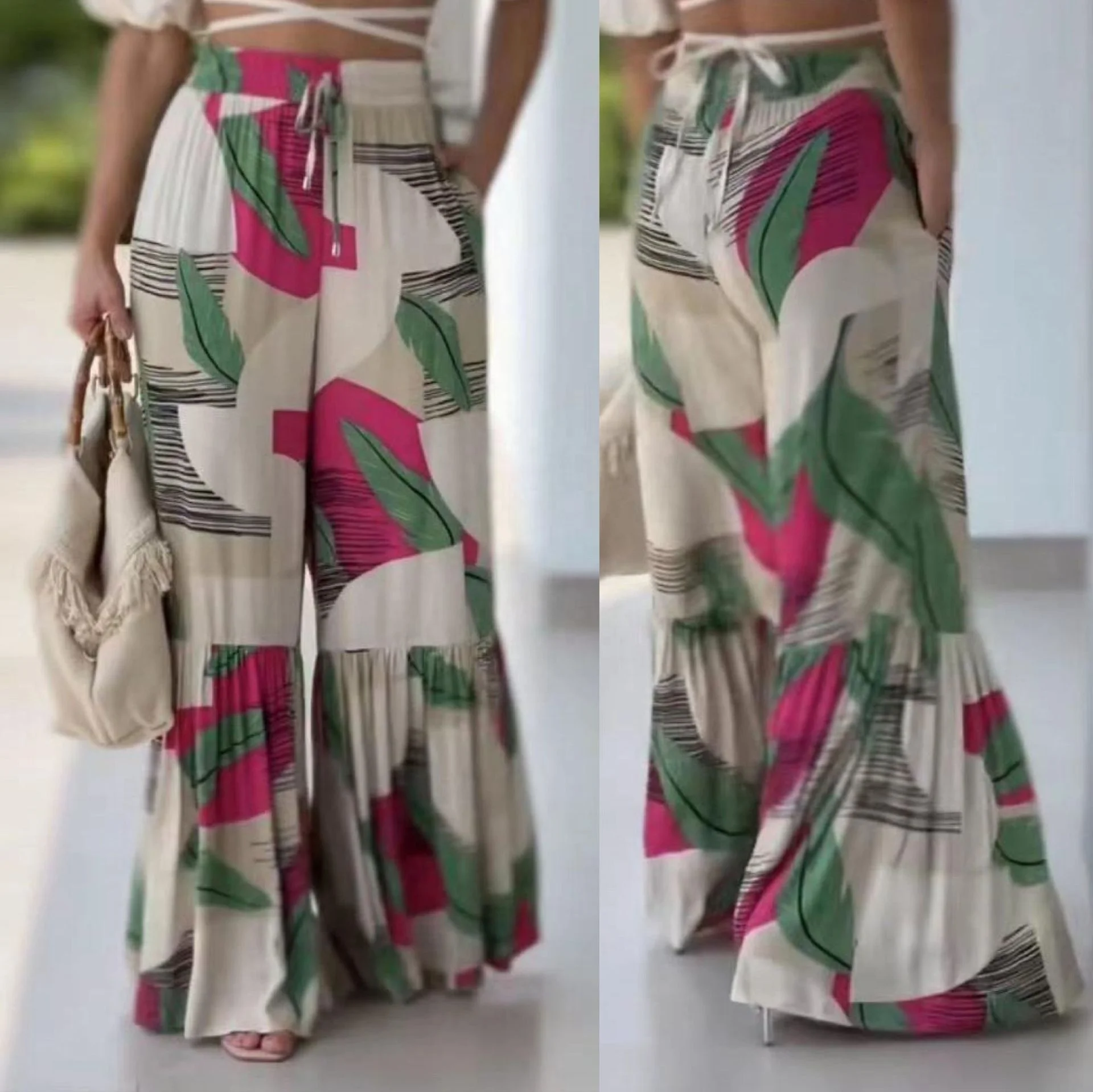 

INS New Bohemian Printed Elastic Waist Panel Wide Leg Pants