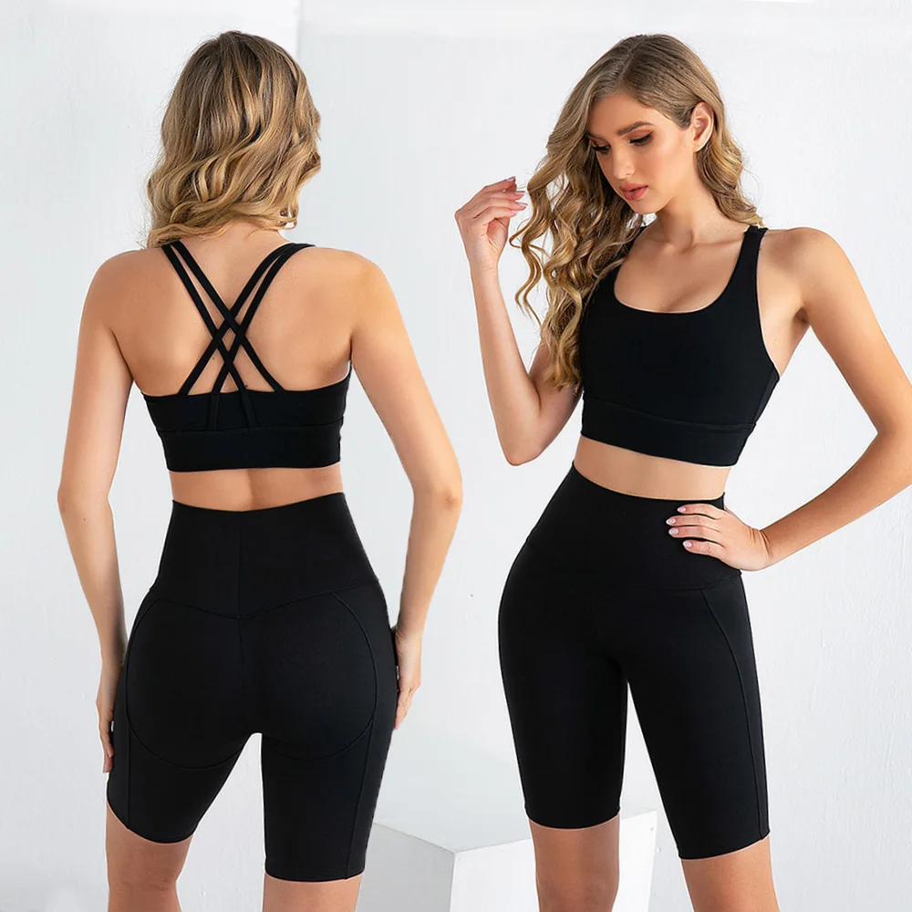 

Women 2pc Active Clothes Fitness Biker Shorts Tuck Up Bra Custom Logo Printed Outfit Sexy Lady Sports 2 Piece Yoga Wear Set