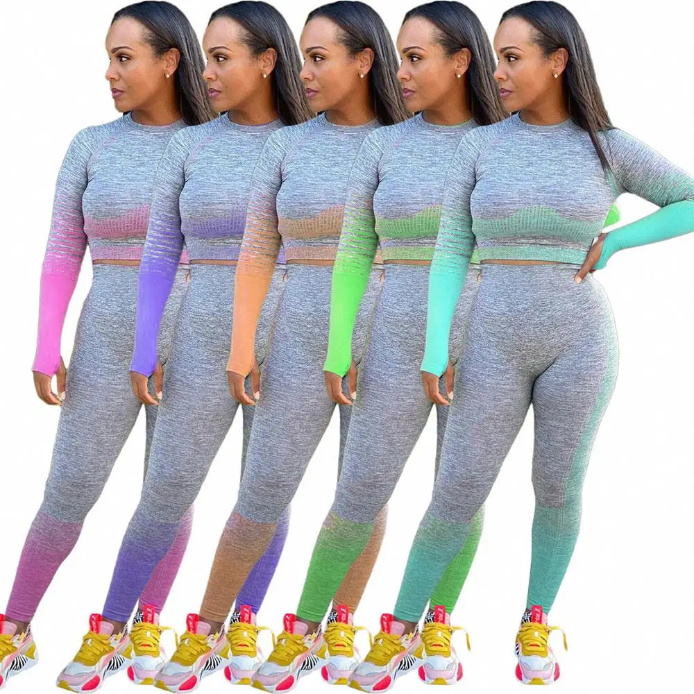 

Gradient Long Sleeve Crop Top Two Piece Pants Set Yoga Sets Fitness Women Sports Wear