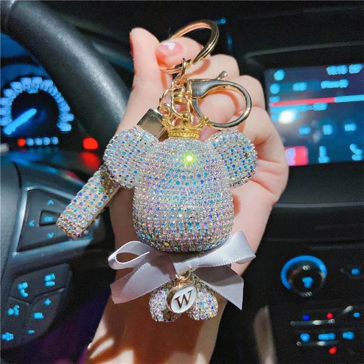 

Cute Crystal Wallet Car Key Chains Metal Full Rhinestone Bear Keychain Luxury Diamond Bear Keychain Lavero De Oso With Bowknot