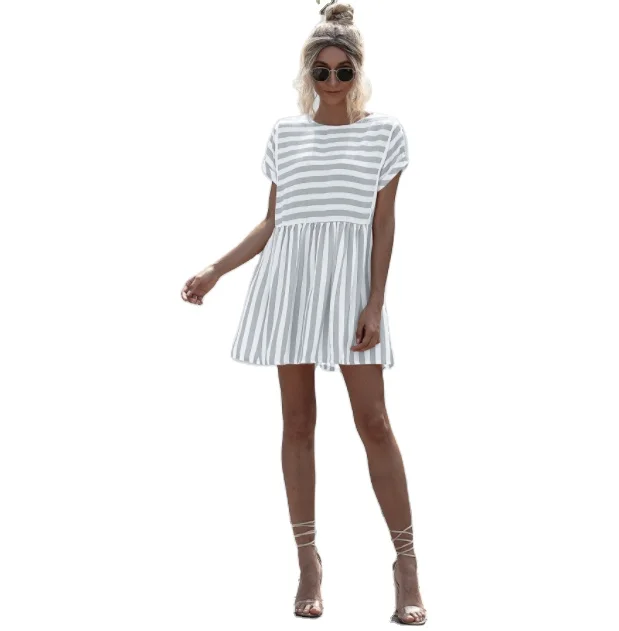 

Women's loose size dress with round neck and short sleeves and stripes