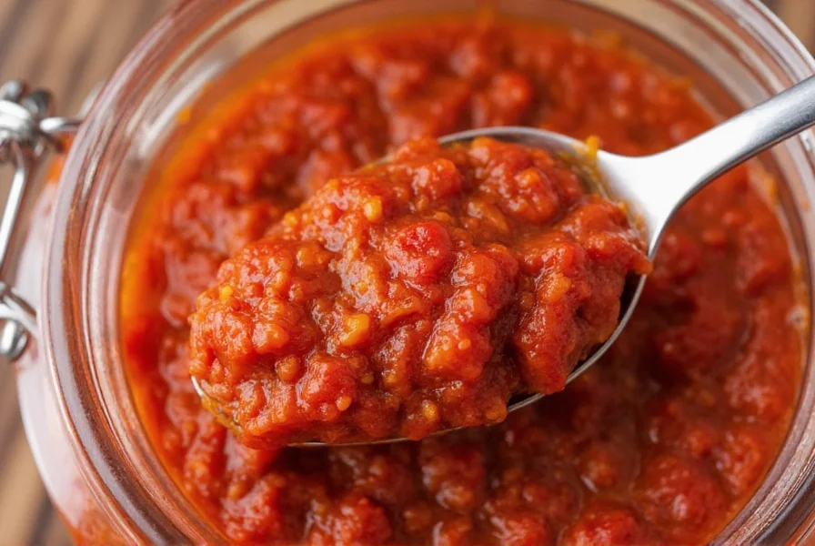 Homemade chili crisp in glass jar with spoon showing texture and vibrant red color