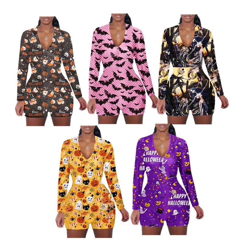 

2021 New Design Halloween Onsie Good Stretchy Printed Festival Romper Jumsuit Halloween Onesie Pajamas For Women, 18 colors