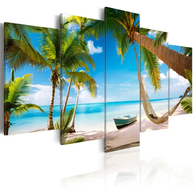 

Oil Painting Art Wall Canvas Print Beach Boat On The Custom Bedroom 5 Panel Pop Wholesale Stretched Picture