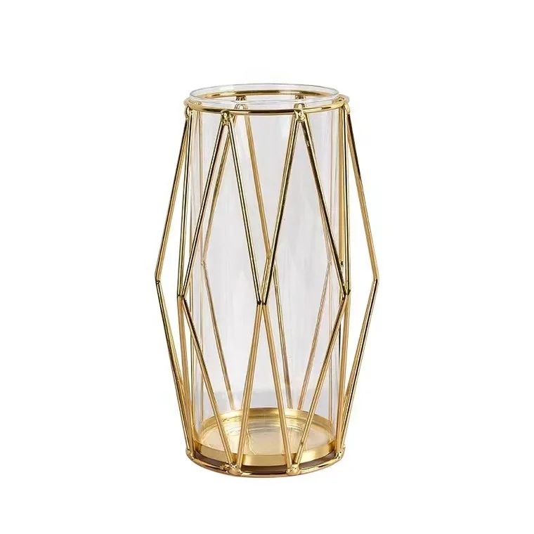 

Desktop metal glass vase hydroponic gilded geometric modern glass vase green plant table center piece, Gold