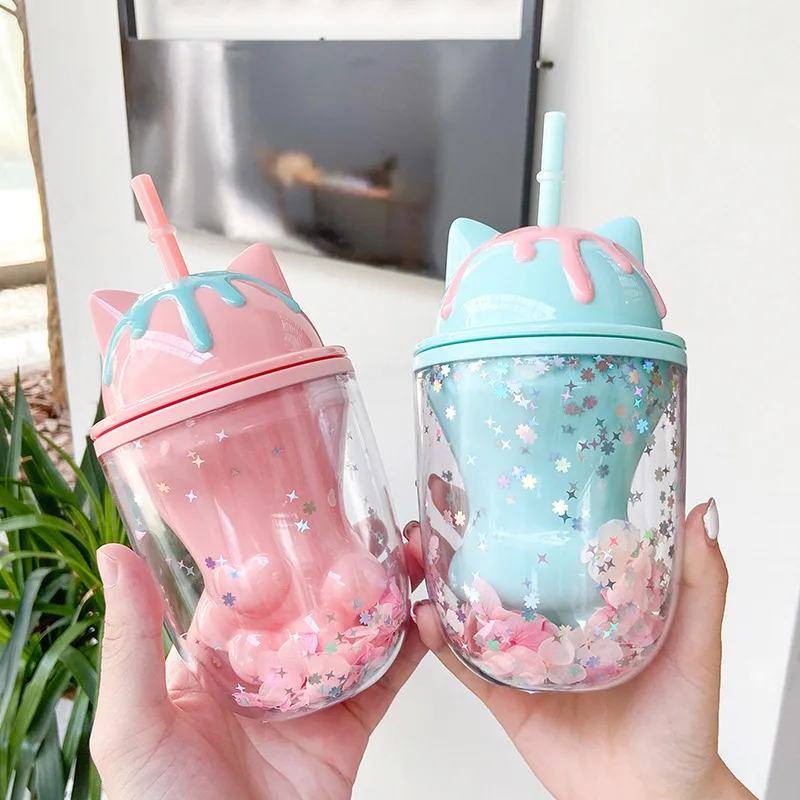 

Korean ins cute mini 250ml double wall juice milk tumbler mug portable reusable clear plastic ice cream drinking cups with straw, Customized color