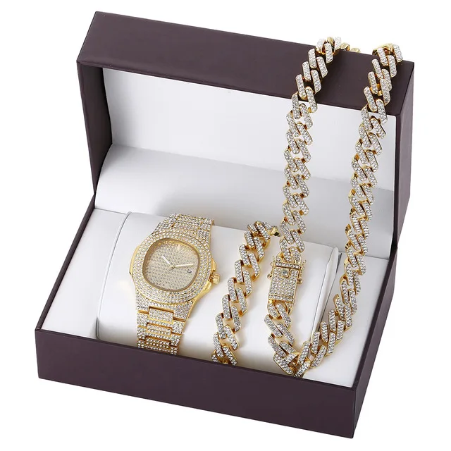 

Cuban Chain Watch Set Necklace Watch Bracelet For Men Jewelry Hip Hop Gold Iced Out Paved Rhinestones CZ Bling Rapper