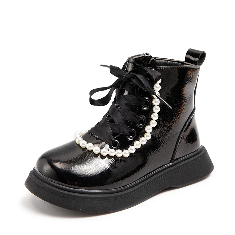 

Girls Fashion Shinny PU Leather Ankle Boots Kids Lace Up Waterproof Combat Booties With Beaded Decoration For Girl Fall Boots
