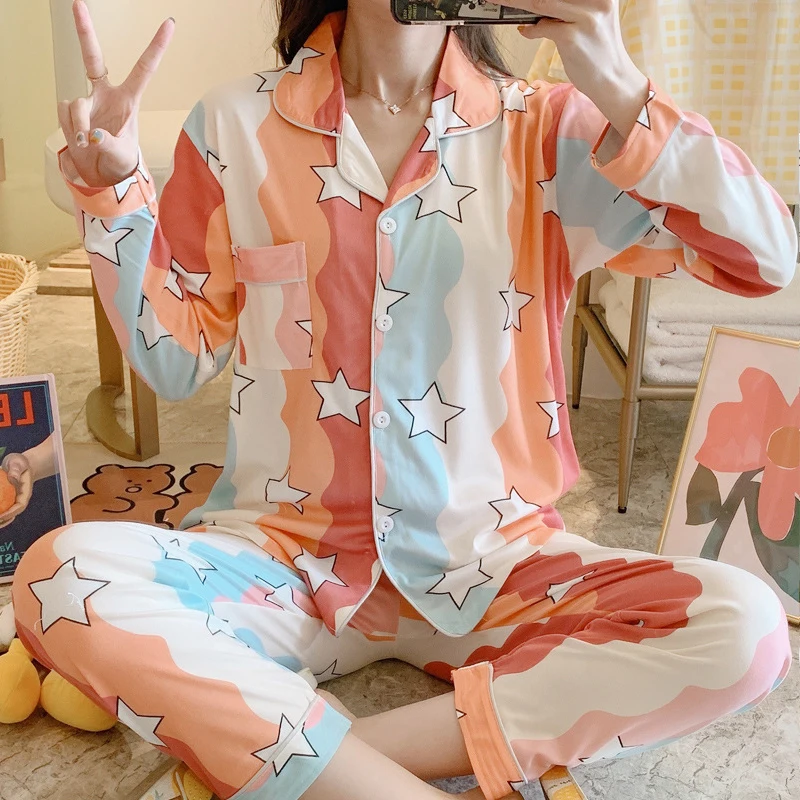 

JULY'S SONG Spring Autumn Long Sleeve Women's Sleepwear Casual Cute Printed Pajamas Suit Skin-friendly Milk Silk Loungewear